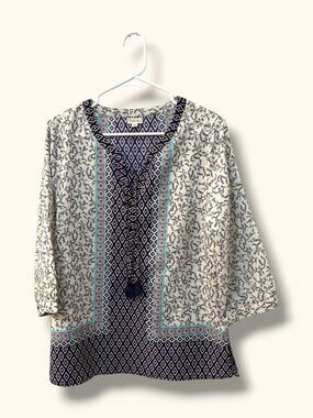 Antilia Femme Blouse Womens L Boho Tassel V-Neck Tunic Geometric Floral Light